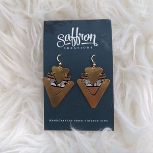 Saffron Creations Vintage Tin Handmade Earrings Brass and Geometric Print